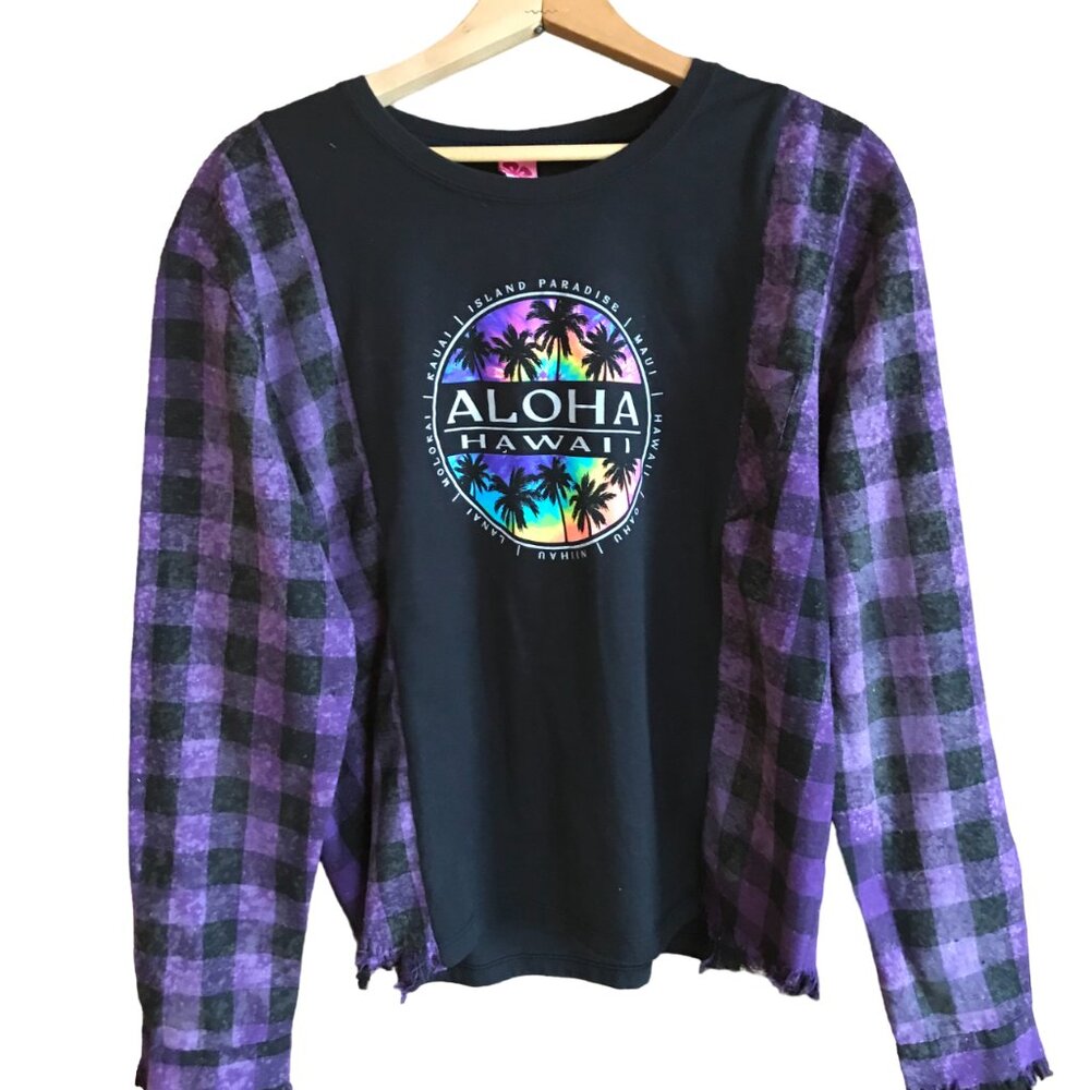 Upcycled Aloha Shirt, Purple Plaid & Hawaii Graphic Long-Sleeved Tee, Size S-M